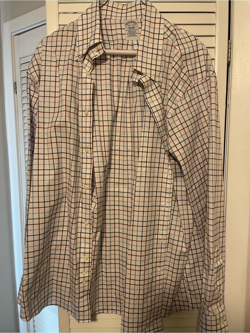 Brooks Brothers White Button-Down Shirt with Navy and Brown Windowpane. 16.5/34